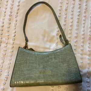 Croc-Embossed Leather Shoulder Bag in Sage Green
